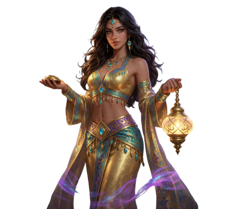 Orientalisches Model mit drei goldenen Lampen f&uuml;r die drei Einzahlungsstufen des Alawin Casino Bonus