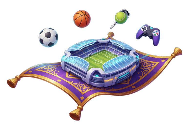 Stadion auf fliegendem Teppich mit Fu&szlig;ball, Basketball, Tennis und Esports f&uuml;r Alawin Sportwetten