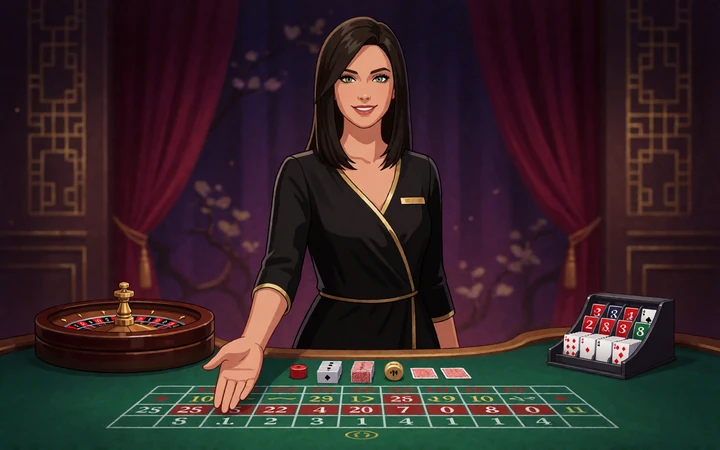 Erwachsene Live-Dealerin an einem gr&uuml;nen Tisch in der Alawin Casino Live-Kategorie