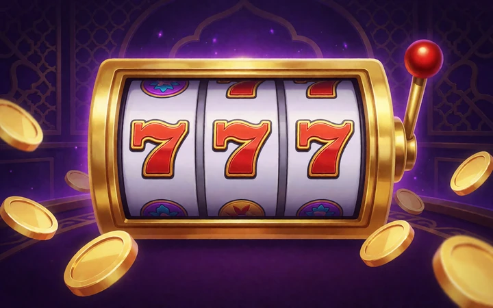 Goldener 777-Spielautomat mit M&uuml;nzen in violetter Alawin Casino Slots-Kategorie